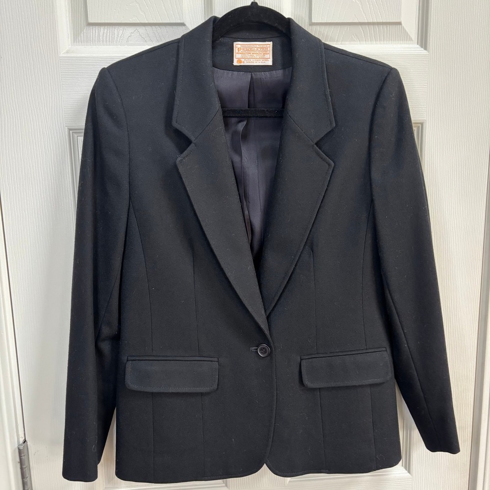 Vintage Pendleton Womens Black 100% Virgin Wool Minimalist Academia Blazer SZ 10